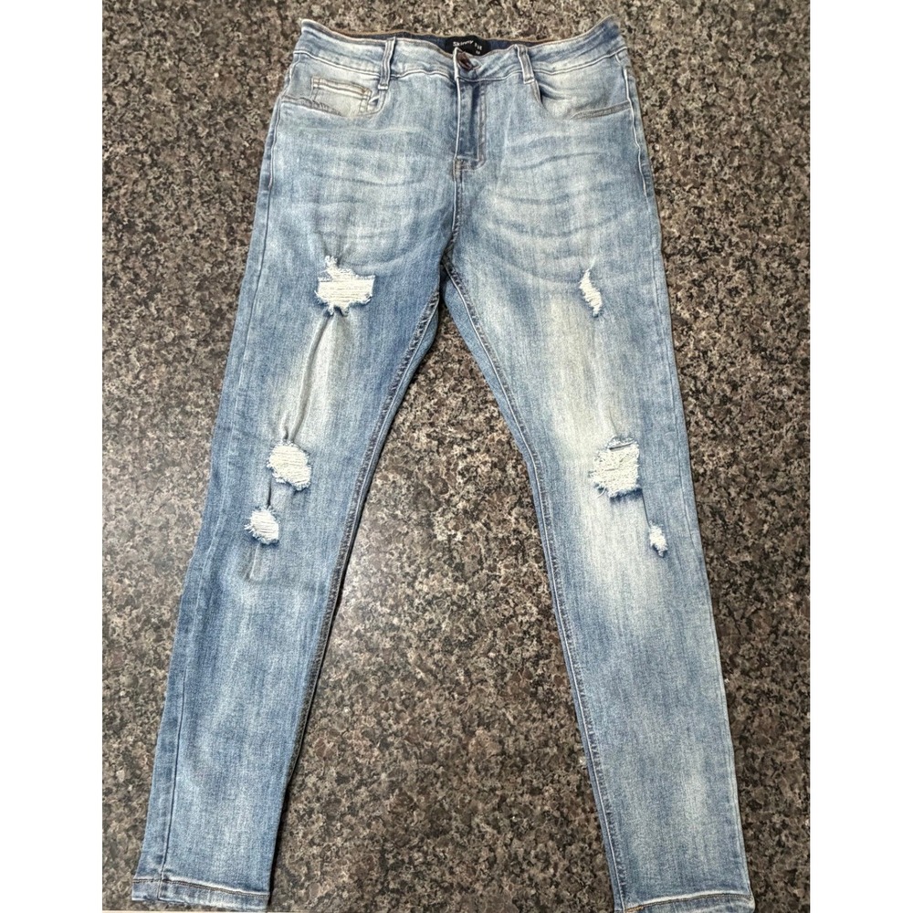 Skinny Fit Distressed Light Wash Denim Jeans Mens Size‎ 32 Ripped Blue Pants